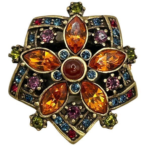 Heidi Daus Vintage Orange Pave Swarovski Crystal Flower Ring - Size 9.25 - Picture 1 of 7
